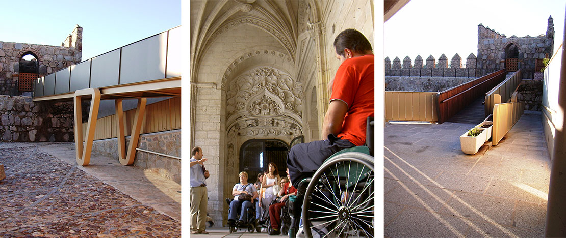 À gauche : Section accessible de la Muraille d'Ávila (© Ayto. de Ávila) /Centre : visite de Ségovie adaptée aux personnes à mobilité réduite (© Mairie de Ségovie) / À droite : Détail de la rampe d'accès à la muraille d'Ávila (© Ayto. de Ávila). À gauche : Section accessible de la Muraille d'Ávila (© Ayto. de Ávila) /Centre : visite de Ségovie adaptée aux personnes à mobilité réduite (© Mairie de Ségovie) / À droite : Détail de la rampe d'accès à la muraille d'Ávila (© Ayto. de Ávila).