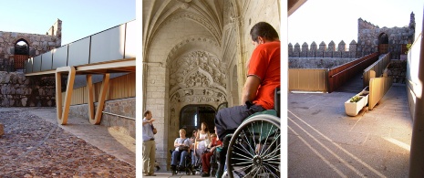 Esquerda: Trecho acessível da Muralha de Ávila (© Ayto. de Ávila) /Centro: visita adaptada em Segóvia (© Ayto. de Segóvia)/ Direita: detalhe do acesso por rampa à Muralha de Ávila (© Ayto. de Ávila).