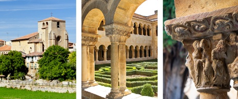 Links: Blick auf das Kloster / Mitte: Romanischer Kreuzgang ©Juan Carlos Marcos / Rechts: Detailansicht eines Kapitells des Klosters Santo Domingo de Silos in Burgos, Kastilien-León