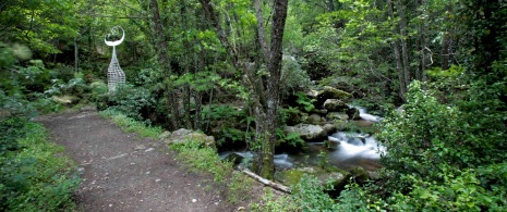 Szczegół rzeźby syreny na obszarze chronionego krajobrazu Las Batuecas-Sierra de Francia w Salamance, Kastylia i León