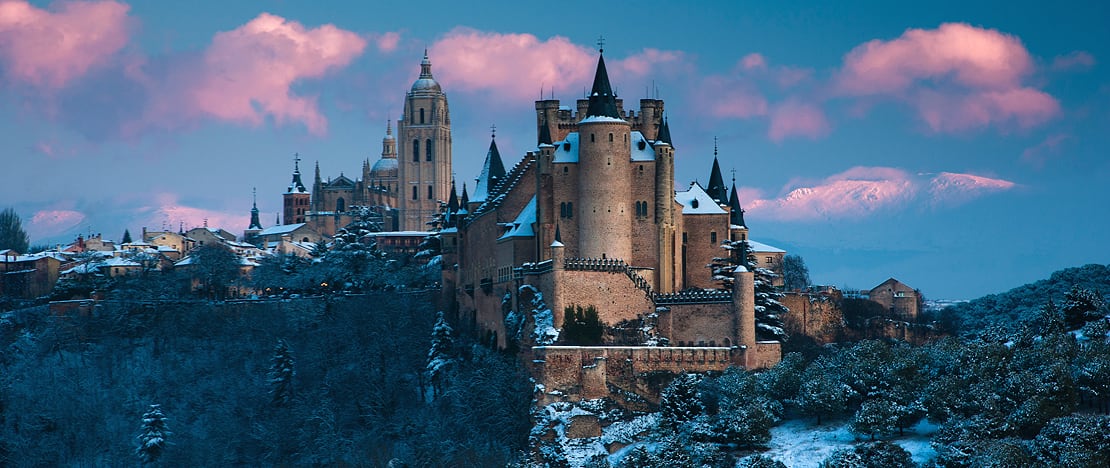 Views of the Alcázar and Cathedral of Segovia, Castile and Leon, covered in snow
