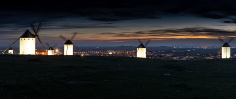 Night view of the windmills of Campo de Criptana in Ciudad Real, Castile-La Mancha