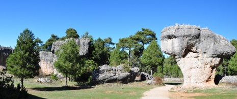 View of rock formations of Ciudad Encantada in Cuenca, Castilla-La Mancha