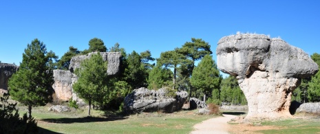 Ansicht der Felsformationen der „Ciudad Encantada“ von Cuenca, Kastilien-La Mancha