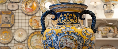 Artisan ceramic jug from Talavera de la Reina made in the FARCAMA fair in Talavera de la Reina, Toledo (Castile-La Mancha)