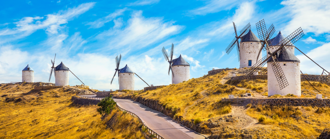 View of the windmills in Consuegra, Toledo, Castile-La Mancha View of the windmills in Consuegra, Toledo, Castile-La Mancha