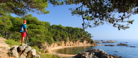 Turysta na trasie Camí de Ronda oglądający zatokę Cala Estreta de Palamós w Gironie, Katalonia