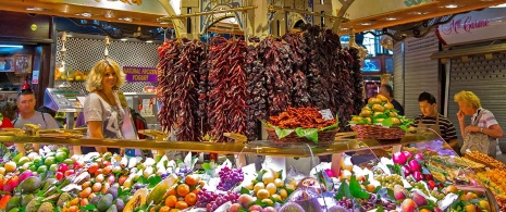 La Boquería Market. Market stalls in Barcelona.