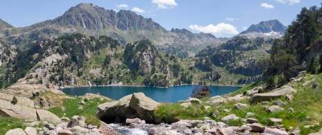 View of Lake Mayor and Colomers mountain hut in Lleida, Catalonia
