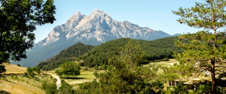 View of the Pedraforca mountain in the Cadí-Moixeró Natural Park in the province of Barcelona, Catalonia