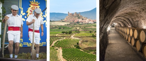 Po lewej: ceremonia otwarcia dożynek winiarskich w Jerez de la Frontera w prowincji Kadyks, Andaluzja ©KikoStock / W środku: widok na winnice w San Vicente de la Sonsierra, La Rioja / Po prawej: zbliżenie na część jednej z podziemnych piwnic w regionie Ribera del Duero, Kastylia-Leon © Chiyacat