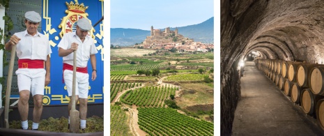 Izquierda: ceremonia inaugural de la Fiesta de la Vendimia de Jerez de la Frontera en Cádiz, Andalucía ©KikoStock  / Centro: vista de viñedos de San Vicente de la Sonsierra, La Rioja  / Derecha: detalle de bodegas subterráneas de la Ribera del Duero, Castilla y León ©Chiyacat