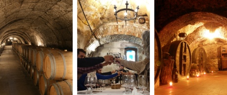 From left to right: Wine casks in Bodega Ismael Arroyo in Sotillo de la Ribera, Burgos ©Bodega Ismael Arroyo / Wine tour ©Bodega Don Carlos / Detail of the underground gallery at Bodega Don Carlos in Aranda de Duero, Burgos ©Bodega Don Carlos