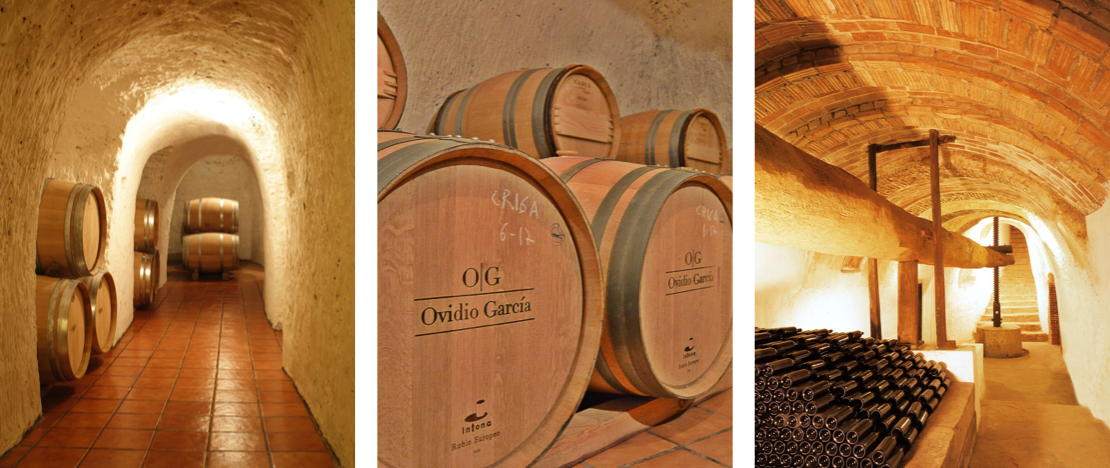 De izquierda a derecha: galerías subterráneas en Cigales, Valladolid / Detalle de barricas de las bodega / Viga tradicional de prensa romana De izquierda a derecha: galerías subterráneas en Cigales, Valladolid / Detalle de barricas de las bodega / Viga tradicional de prensa romana