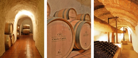 Von links nach rechts: Unterirdische Gänge in Cigales, Valladolid / Detailansicht der Barriques der Bodega / Traditioneller Balken einer römischen Kelter
