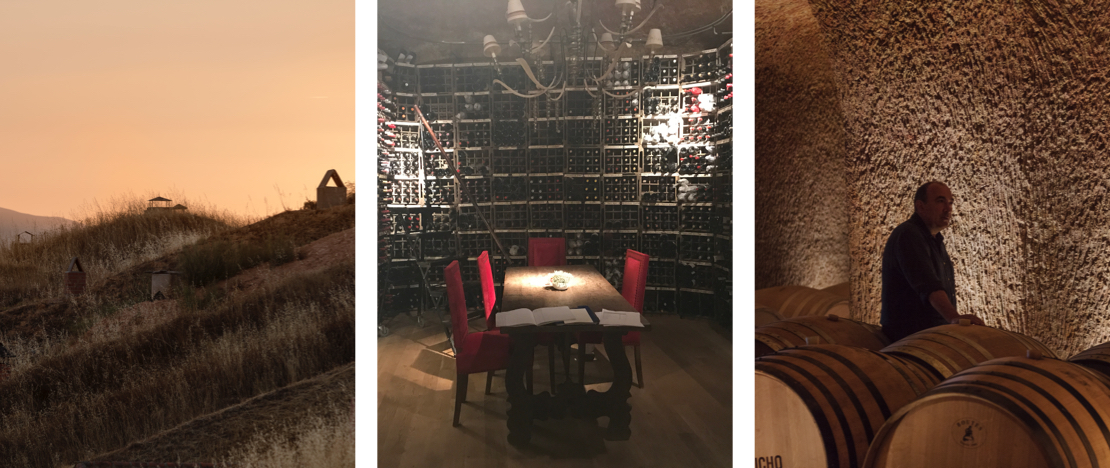 De izquierda a derecha: vista de bodegas cueva en Jiménez de Jamuz / Espacio gastronómico El Capricho / Detalle de Bodega El Capricho De izquierda a derecha: vista de bodegas cueva en Jiménez de Jamuz / Espacio gastronómico El Capricho / Detalle de Bodega El Capricho