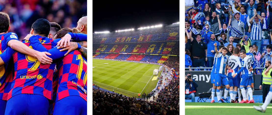 Stadium with players from FC Barcelona and RCD Espanyol de Barcelona, Catalonia Stadium with players from FC Barcelona and RCD Espanyol de Barcelona, Catalonia