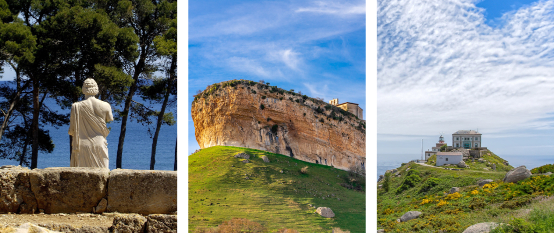 Left: Detail of the Asclepius statue in the ancient Greek ruins of Empúries in Girona, Catalonia / Centre: View of the Hermitage of San Pantaleón de Losa in Burgos, Castile and León  / Right: Cape Finisterre in A Coruña, Galicia