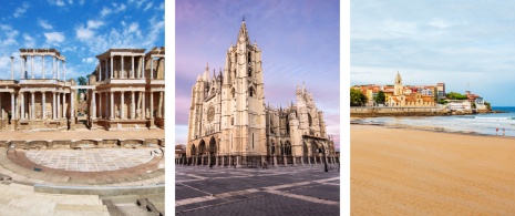 Links: Römisches Theater von Mérida, Extremadura / Mitte: Blick auf die Kathedrale von León, Kastilien-León / Unten: Blick auf den Strand von Gijón, Asturien