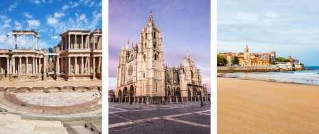 Izquierda: Teatro Romano de Mérida, Extremadura  / Centro: Vista de la Catedral de León, Castilla y León / Derecha: Vista de la playa de Gijón, Asturias