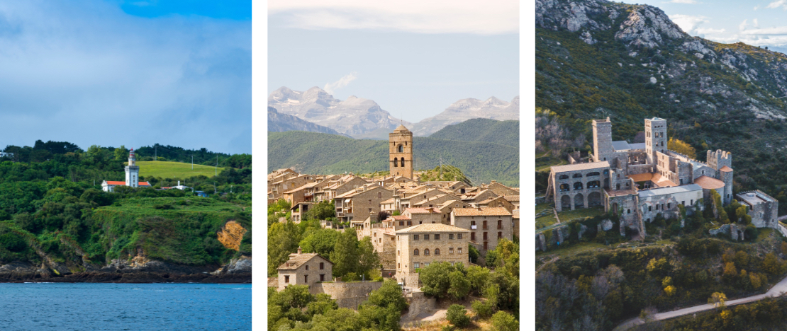 Left: Cape Higuer Lighthouse in Hondarribia (Guipúzcoa), Basque Country / Centre:  Detail of the village of Aínsa in Huesca, Aragón / Right: Monastery of Sant Pere de Rodes in Girona, Catalonia