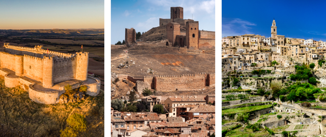 Left: View of El Cid castle in Jadraque (Guadalajara), Castile-La Mancha / Centre: Details of Molina de Aragón City Walls in Guadalajara, Castile-La Mancha / Right: Village of Bocairent in Valencia, Region of Valencia