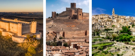 Links: Blick auf die Burg Cid de Jadraque in Guadalajara, Kastilien-La Mancha / Mitte: Details der Mauern von Molina de Aragón in Guadalajara, Kastilien-La Mancha / Rechts: Stadt Bocairent in Valencia, Autonome Gemeinschaft Valencia.