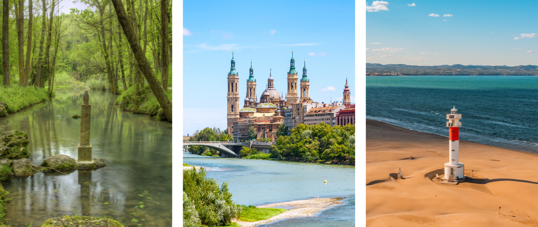Left: Source of the Ebro river in Fontibre in the village of Hermandad de Campoo de Suso, Cantabria / Centro: View of the Basilica of Nuestra Señora del Pilar in Zaragoza (Aragón) / Right: Fangar lighthouse on the Ebro Delta in Tarragona, Catalonia