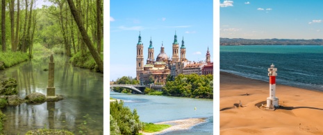 Izquierda: Nacimiento del Ebro en Fontibre en la localidad de Hermandad de Campoo de Suso, Cantabria / Centro: Vista de la Basílica de Nuestra Señora del Pilar en Zaragoza, Aragón / Derecha: Faro del Fangar en el Delta del Ebro en Tarragona, Cataluña