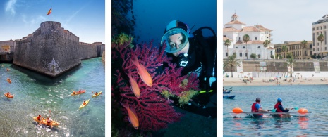 Left: Tourists kayaking on the moat of the Royal Walls / Centre: Diver on the seabed in Ceuta / Right: Couple kayaking at Ribera beach
