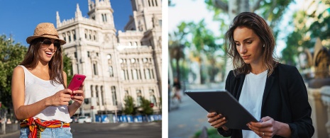 De izquierda a derecha chicas en Madrid y Barcelona utilizando sus dispositivos de trabajo