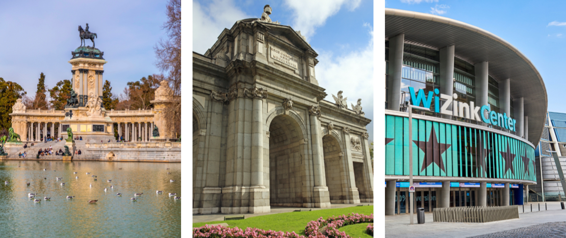 Park Retiro, Puerta de Alcalá und Detail des WiZink Center in Madrid, Autonome Gemeinschaft Madrid © Links: Color Maker / Rechts: Javierglezphoto Park Retiro, Puerta de Alcalá und Detail des WiZink Center in Madrid, Autonome Gemeinschaft Madrid © Links: Color Maker / Rechts: Javierglezphoto