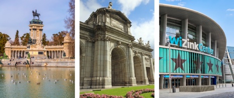 El Retiro Park, Puerta de Alcalá and detail of the WiZink Center in Madrid, region of Madrid © Left: Color Maker / Right: Javierglezphoto