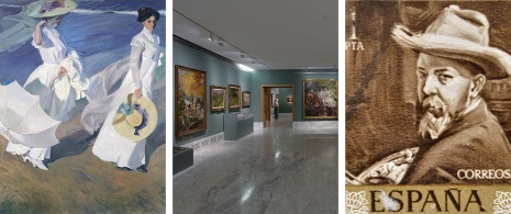 Links: Joaquín Sorolla. „Spaziergang am Strand“ / Mitte: Sorolla-Saal im Museum der Schönen Künste Valencia © Museo Bellas Artes de Valencia / Rechts: Briefmarke mit Selbstporträt von Sorolla © Neftali, Circa 1964