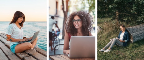 Imágenes de gente trabajando en diferentes entornos: playa, ciudad y naturaleza