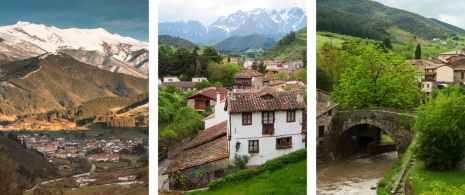 Left: Potes, at the foot of the Picos de Europa Mountains / Centre: View of traditional houses in the village / Right: San Cayetano bridge in Potes, Cantabria