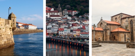 Links: Anleger von Curuxeiras in Ferrol, A Coruña / Mitte: Detailansicht von Pondeume in A Coruña / Rechts: Kirche Santa María del Azogue in Betanzos, A Coruña