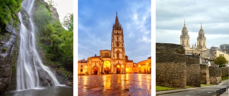 Links: Wasserfall in A Fonsagrada, Lugo / Mitte: Blick auf die Kathedrale von Oviedo, Asturien / Rechts: Römische Stadtmauer von Lugo, Galicien