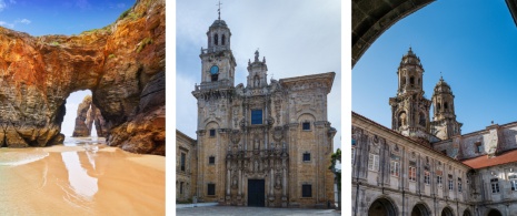 Esquerda: praia de As Catedrais em Ribadeo, Lugo / Centro: Mosteiro de Vilanova de Lourenzá, Lugo / Direita: vista do Mosteiro de Sobrado dos Monxes, A Corunha