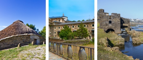 Links: Traditionelle Palloza in O Cebreiro, Lugo / Mitte: Blick auf das Benediktinerkloster von Samos, Lugo / Rechts: Detailansicht der Ruinen der Villa Antigua von Portomarín, Lugo