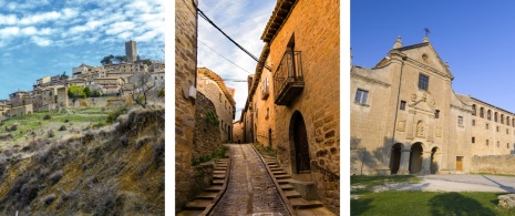 Links: Die Stadt über Peña Feliciana / Mitte: Gasse in der Altstadt von Sos del Rey Católico in Zaragoza, Aragonien / Rechts: Blick auf das Kloster Nuestra Señora in Valentuñana