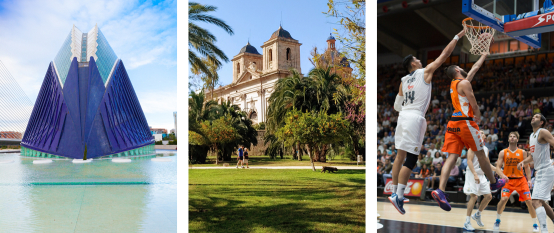 Detail der Agora in der Stadt der Künste und Wissenschaften, Gärten des Turia und ein Spiel im Sportpavillon Fuente de San Luis in Valencia, Autonome Gemeinschaft Valencia © Links: Mark Pitt / Rechts: Efecreata Detail der Agora in der Stadt der Künste und Wissenschaften, Gärten des Turia und ein Spiel im Sportpavillon Fuente de San Luis in Valencia, Autonome Gemeinschaft Valencia © Links: Mark Pitt / Rechts: Efecreata