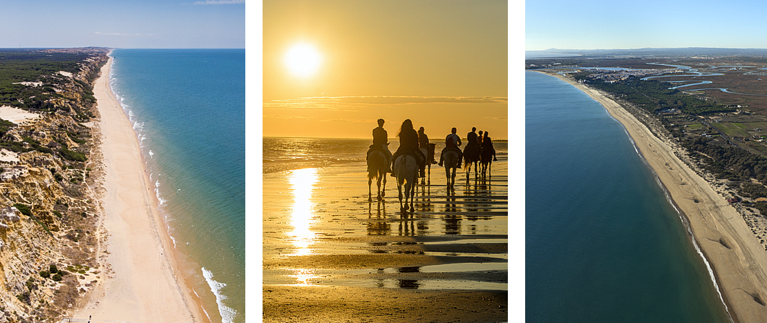 À gauche : Plage de Mazagón / Centre : Chevaux au coucher du soleil sur la plage de Mazagón / Droite : Plage d'Islantilla à Huelva, Andalousie À gauche : Plage de Mazagón / Centre : Chevaux au coucher du soleil sur la plage de Mazagón / Droite : Plage d'Islantilla à Huelva, Andalousie