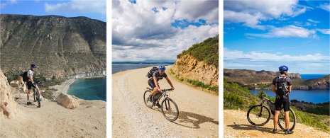 À gauche : Cycliste dans le parc naturel Cabo de Gata-Níjar, province d’Almería / Au centre : Itinéraire cycliste le long de la Costa Brava / À droite : Cycliste sur la côte de Cadaqués, Catalogne À gauche : Cycliste dans le parc naturel Cabo de Gata-Níjar, province d’Almería / Au centre : Itinéraire cycliste le long de la Costa Brava / À droite : Cycliste sur la côte de Cadaqués, Catalogne