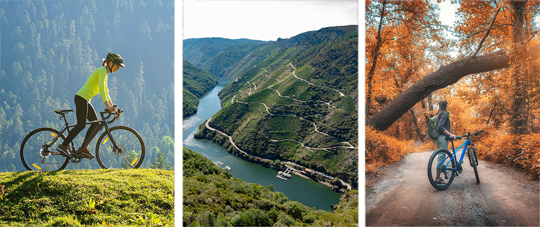 À gauche : Cycliste sur un sentier de montagne / Au centre : Vue du Cañón del Sil depuis le belvédère de Matacás, Galice / À droite : Cycliste sur la route À gauche : Cycliste sur un sentier de montagne / Au centre : Vue du Cañón del Sil depuis le belvédère de Matacás, Galice / À droite : Cycliste sur la route