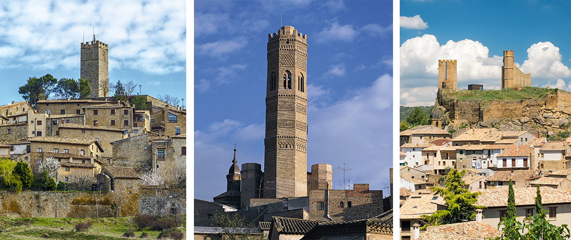 Izquierda: Muralla y castillo de Sos del Rey Católico, Zaragoza / Centro: Iglesia de Santa María en Tauste, Zaragoza / Derecha: Vista general de Uncastillo, Zaragoza Izquierda: Muralla y castillo de Sos del Rey Católico, Zaragoza / Centro: Iglesia de Santa María en Tauste, Zaragoza / Derecha: Vista general de Uncastillo, Zaragoza