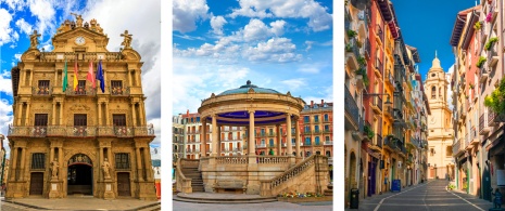 Esquerda: Vista da Prefeitura de Pamplona / Centro: Banca de jornais na Plaza del Castillo de Pamplona / Direita: Detalhe da Catedral de Santa María de la Asunción em Pamplona, Navarra