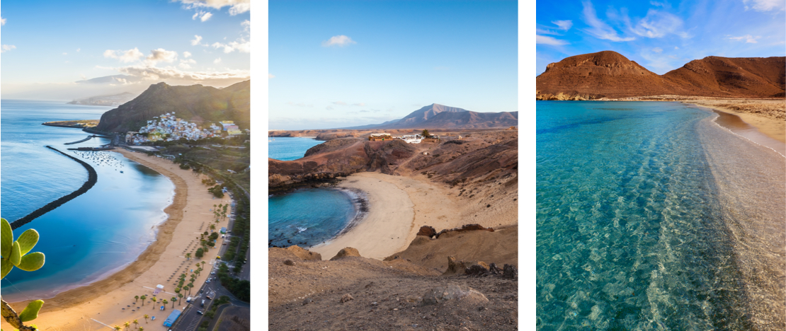 À gauche : Playa de las Teresitas à Tenerife, Îles Canaries / Centre : Plage de Lanzarote, Îles Canaries / Droite : Plage de Rodalquilar, province d'Almería, Andalousie À gauche : Playa de las Teresitas à Tenerife, Îles Canaries / Centre : Plage de Lanzarote, Îles Canaries / Droite : Plage de Rodalquilar, province d'Almería, Andalousie