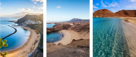 Esquerda: Praia de Las Teresitas em Tenerife, Ilhas Canárias / Centro: Praia em Lanzarote, Ilhas Canárias / Direita: Playazo de Rodalquilar, em Almeria, Andaluzia