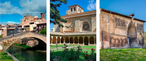 Links: Estella-Lizarra-Brücke / Mitte: Kreuzgang der Kirche San Pedro de la Rúa ©Francisco Javier Diaz / Rechts: Kirche Santo Sepulcro in Estella-Lizarra, Navarra